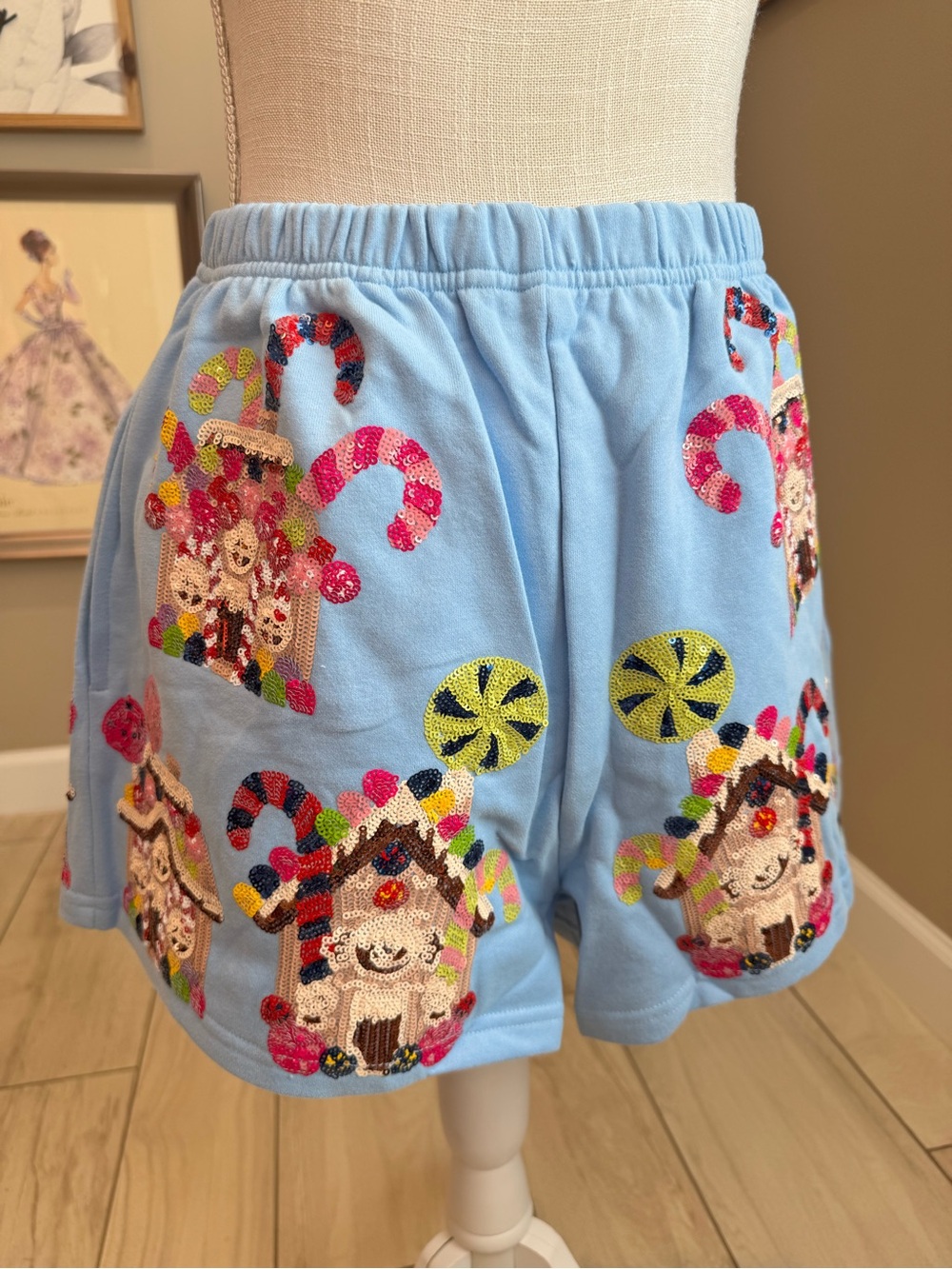 New! Queen Of Sparkles Light Blue Sequin Gingerbread House Shorts